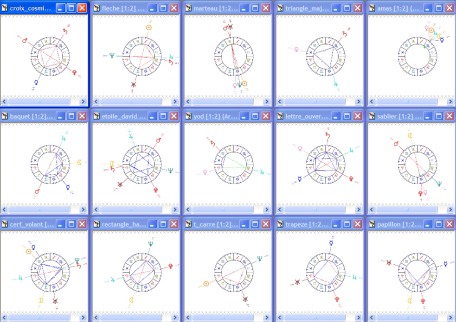 Les 15 configurations majeures et mineures d'aspects composés connus actuellement : rien n'est simple, l'interprétation doit tenir compte des combinaisons d'aspects actifs et non seulement des aspects purs